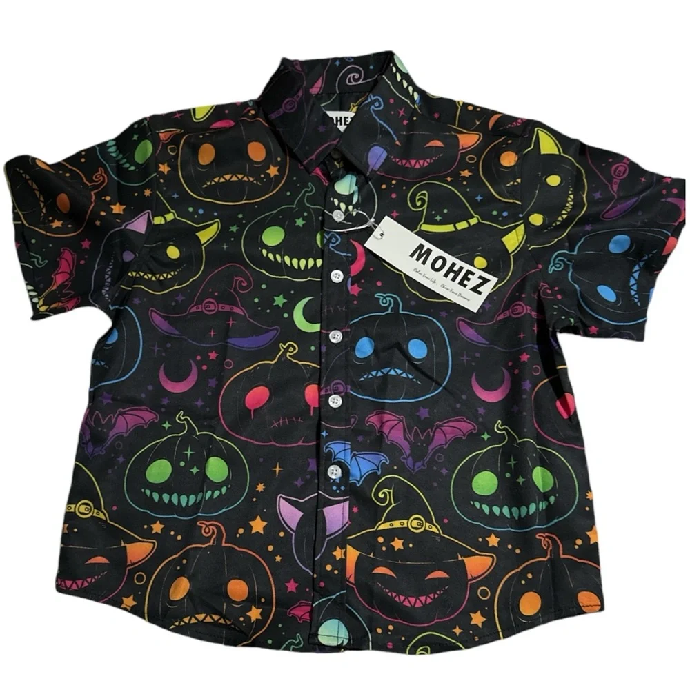 Boys Mohez Neon Halloween Pumpkin Button‎ Down Short Sleeved Shirt, 7-8y
